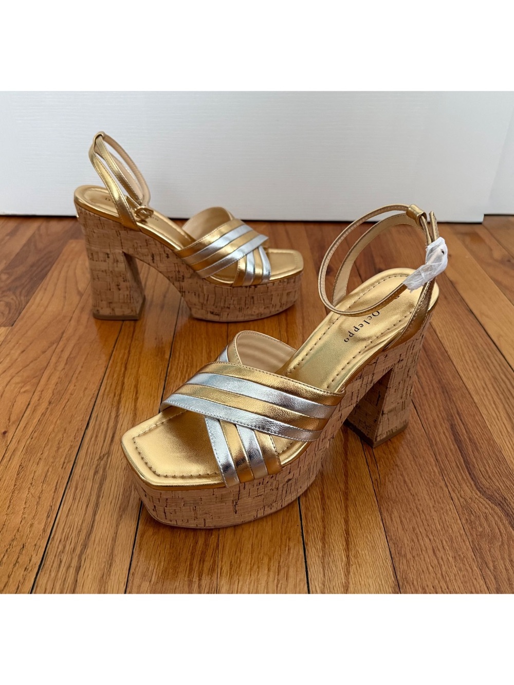 Dee Ocleppo Havana Gold Silver Cork Platform Sandal Heels
